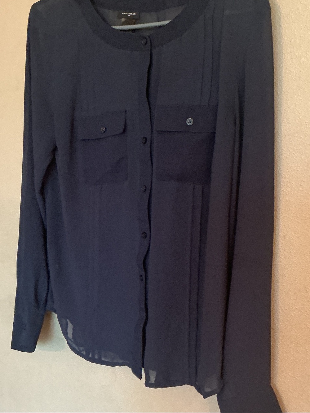 Anne Taylor Navy Sheer Button-Down Blouse
